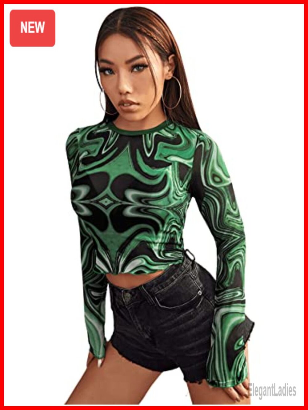 Women's Sheer Mesh Crop Top Long Sleeve Graphic Tee Concert Clubwear